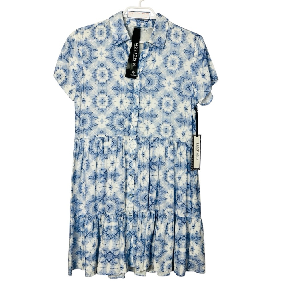 NWT Motion Blue& White Button Front Ruffle Pattern Midi Dress Women Size S